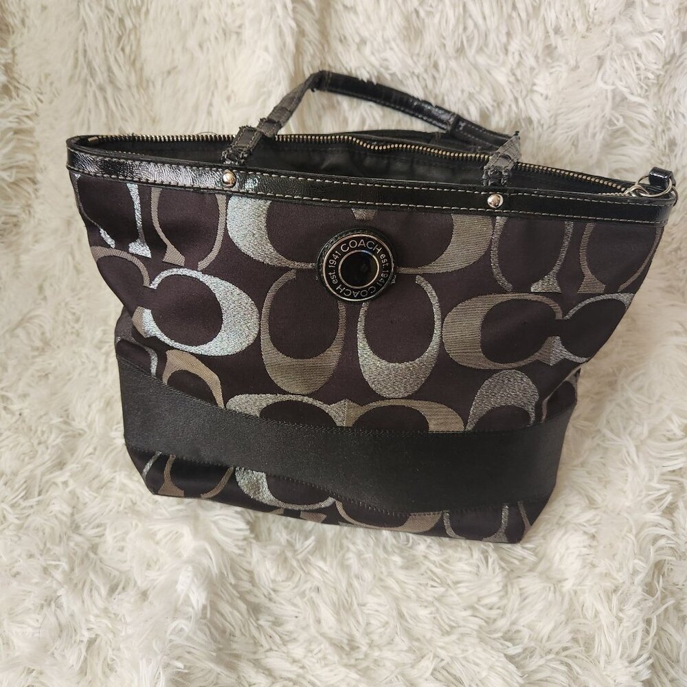 Coach Black & Silver Signature C Tote Bag With Patent Leather Trim & Zipper Clos